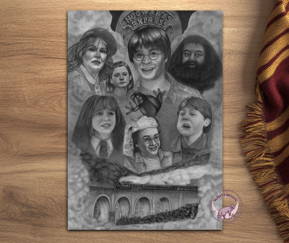 Harry Potter art print featuring Harry, Ron, and Hermione's first meeting on the Hogwarts Express